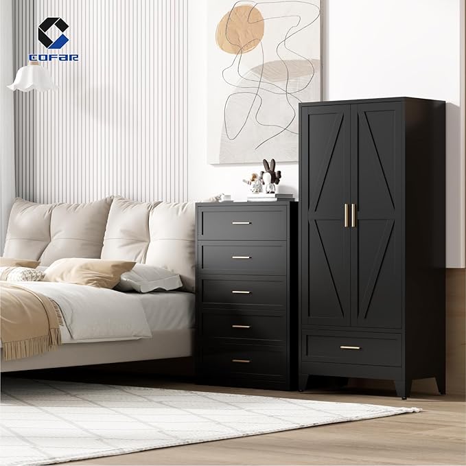 COFaR Metal Armoire Wardrobe Closet with Drawer, 71'' Tall Farmhouse Bedroom Armoires with Doors and Hanging Rod, Freestanding Steel Wardrobe Cabinet Coat Closet for Bedroom Home Office, Black