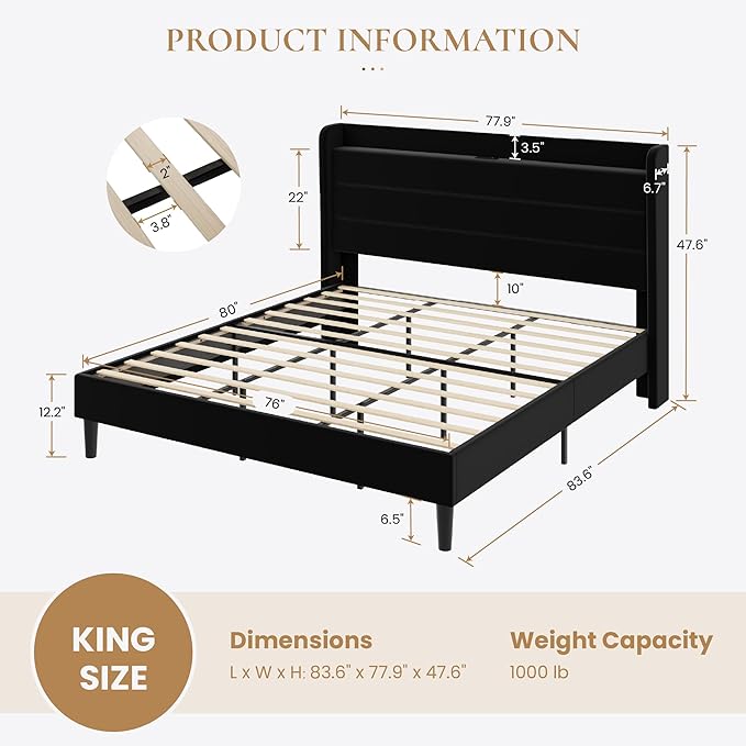 SHA CERLIN King Size Bed Frame with Charging Station, Velvet Upholstered Platform Bed, Wingback Storage Headboard, Type-C & USB Ports, Strong Wooden Slats, No Box Spring Needed, Easy Assembly, Black