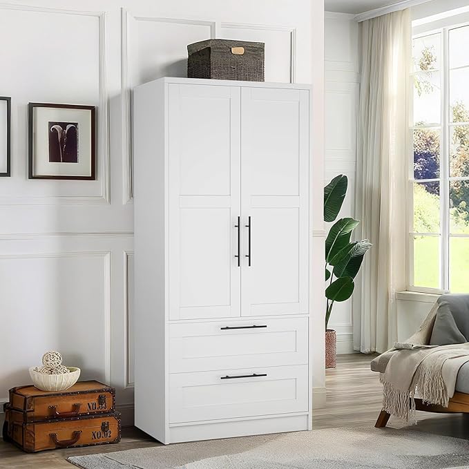 Garvee Armoire Wardrobe Closet with 2 Drawers, 70 in Tall Clothing Storage Cabinet with 2 Doors, Modern Bedroom Clothing Armoires with Hanging Rods, White