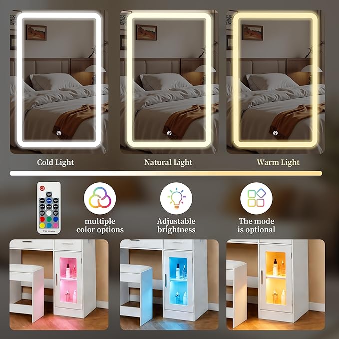White LED Vanity Table with Three-Color Adjustable Light HD Mirror, USB Charging Port,Leather Stool, Double-Layer Acrylic Cabinet with Ambient Lighting,and Makeup Table with Drawer Storage