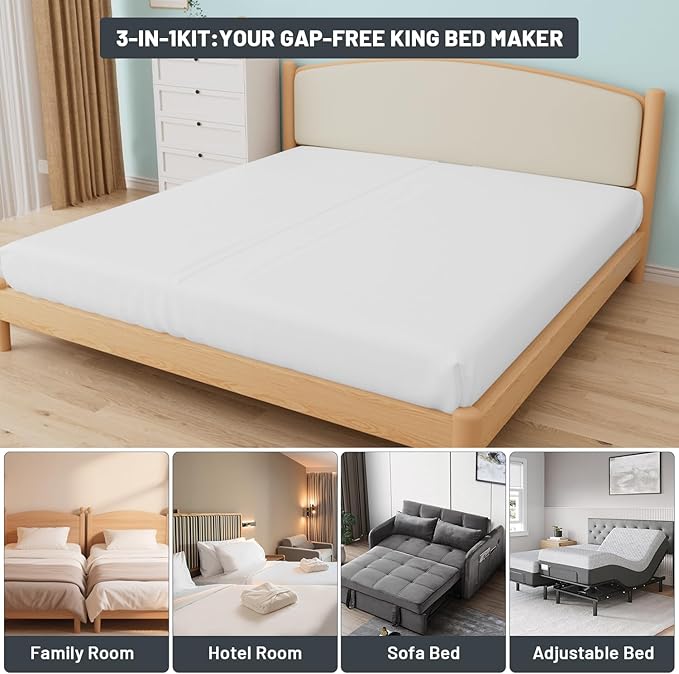 3-in-1 Fitted Sheet with Bed Bridge | Split King Gap Filler for Adjustable Bed,Removable & Machine Washable Twin XL to King Converter Kit,White