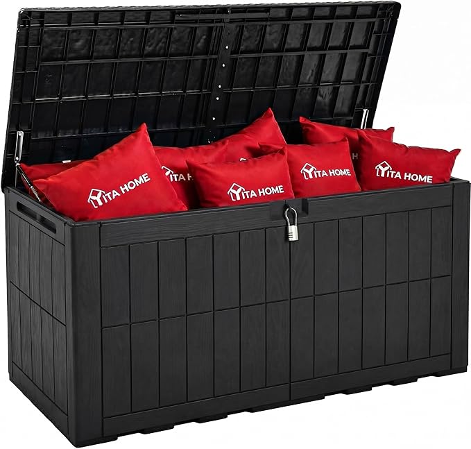YITAHOME 134 Gallon Large Deck Box, Waterproof Resin Outdoor Storage Box with Lock, Doubles as 2-Person Bench Seating for Patio Furniture Cushions,Garden Tools & Pool Accessories, Black