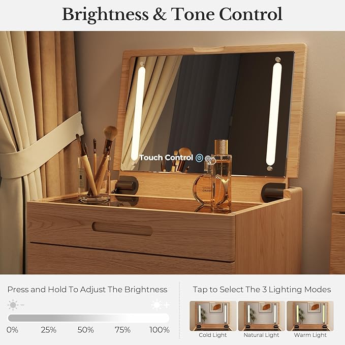 Muwuele Solid Wood Small Vanity Desk with Mirror and Lights, Narrow Makeup Vanity for Small Space, Flip Top Vanity Side Table, 3 Color Modes & Adjustable Brightness, 19.6" Slim Dressing Table, Natural