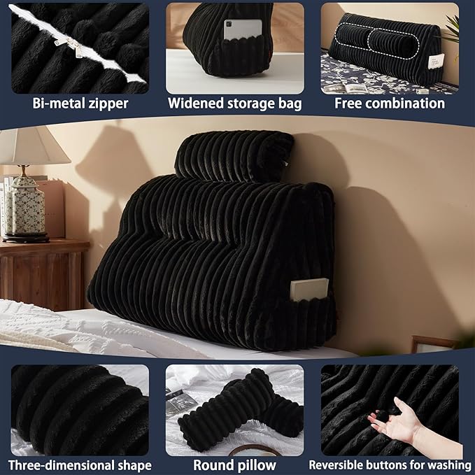 Rycwola Faux Fur Headboard Pillow with 1 Pack Neck Roll Pillow Large Headboard Pillow Soft and Supportive with Removable Cover (Black, Twin)