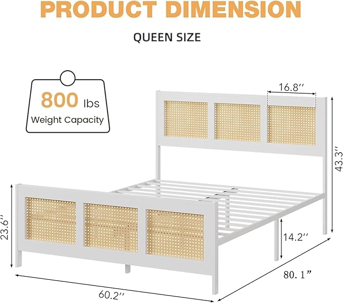 GarveeHome Queen Bed Frame with Headboard, Boho Rattan Bed Frame with Strong Metal Slat, Noise Free, No Box Spring Needed, White and Natural