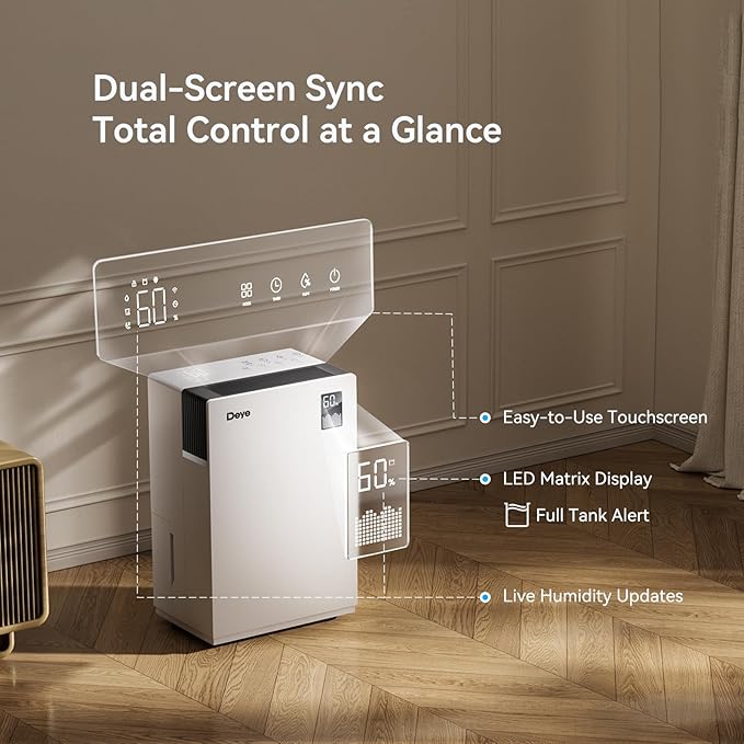 Deye Smart Dehumidifier for Home and Basement, 36 Pints/Day, ENERGY STAR Certified, 33dB Quiet, Dual LED Display & App Control, Auto Shut-Off & Restart