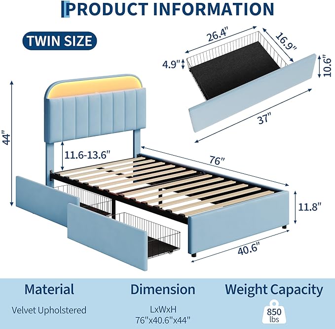 Garvee Twin Size Bed Frame with 2 Flexible Drawers, Velvet Upholstered Platform Bed Frame with Bookcase Headboard and LED Lights, Kids Bed for Boys, Easy Assembly, Noise Free, Blue