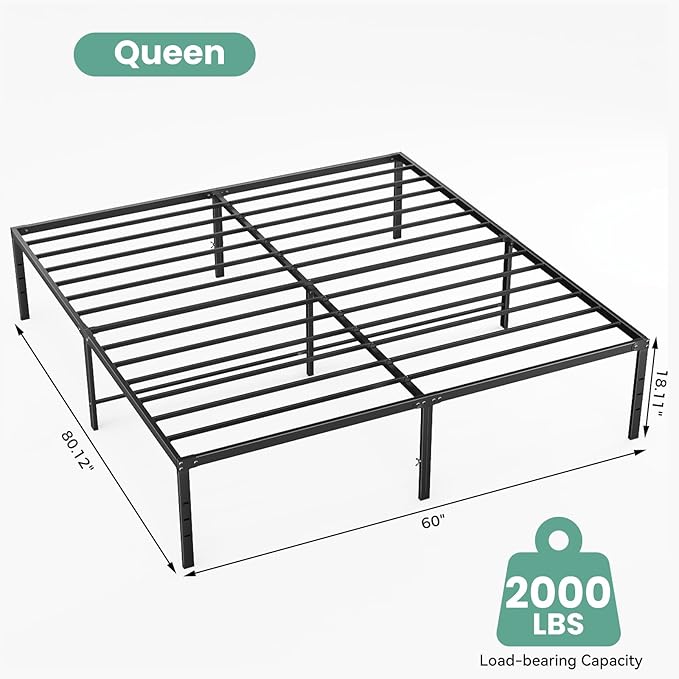 OLIXIS Queen Bed Frame, Heavy Duty Sturdy 18 Inch Metal Platform Bed Frames, Enhanced Stability & Noise-Free, Under-Bed Storage, No Box Spring Needed, Easy Assembly