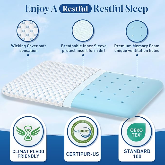 CloudBliss Ultra Slim 3.3” Pillows for Side | Back | Stomach Sleepers, Memory Foam Flat Pillow, Low Profile Sleeper Pillows with Double Sided Comfortable Breathable Pillow Cover, Queen