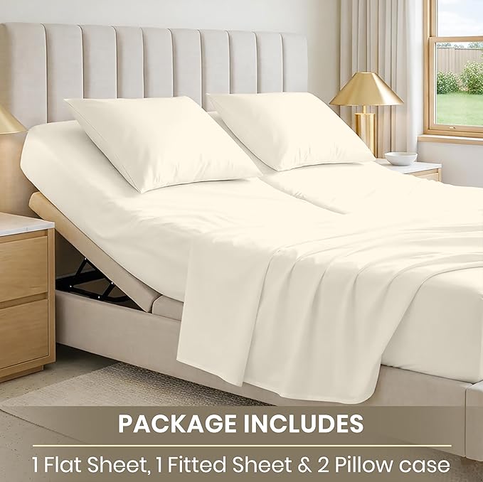 SGI bedding 32" King Split Top Flex Head Sheet 100% Egyptian Cotton Sheet Set 1000 Thread Count Flex Top Sheet for Adjustable Bed 4Pc Sheet Set 15" Deep Pocket for Sleep Number Bed- Butter