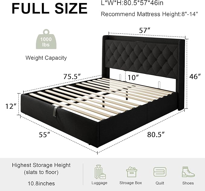 Feonase Full Size Bed Frame with Storage & Charging Station - Hydraulic Lift Up Platform Bed, Upholstered Button Tufted Headboard, Sturdy Wooden Slats, Noise-Free, No Box Spring Needed,Black
