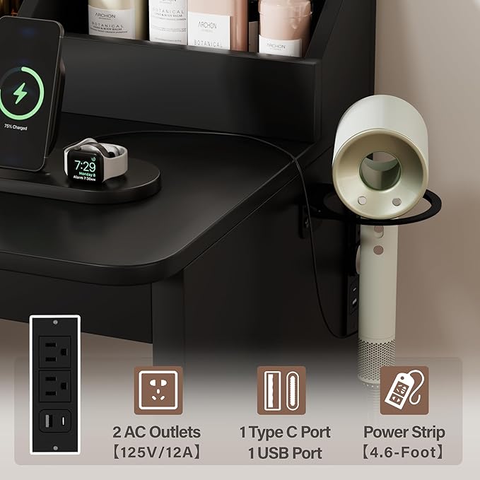 Furmax Vanity Desk with Mirror, L Shape Vanity, LED Lighted Mirror, with Power Outlet and 3 Storage Shelves, Makeup Table with 5 Drawers, 3 Color Modes, for Bedroom(Black)