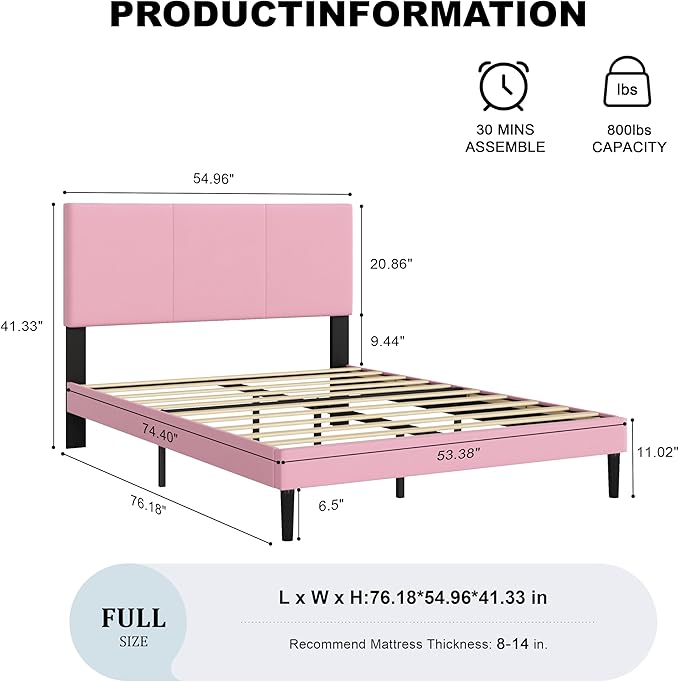 Full Size Bed Frame with Headboard, Velvet Upholstered Platform Bed Frame, Sturdy Slatted Support for Springless Mattresses, Silent Operation, Easy to Assemble, Pink
