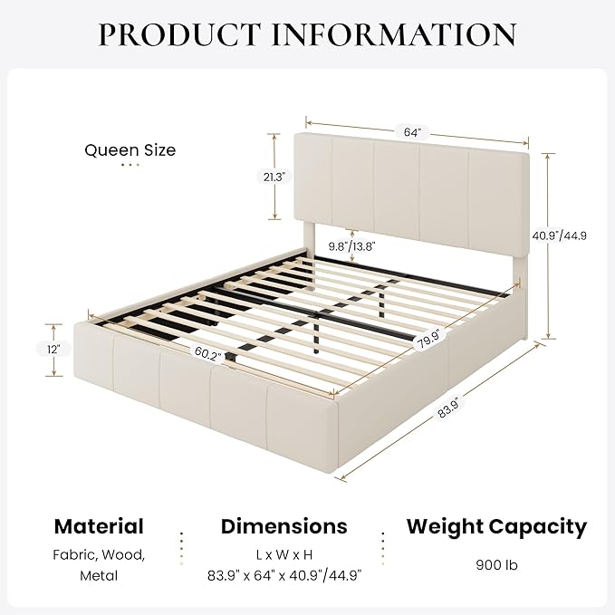 SHA CERLIN Queen Bed Frame, Dutch Velvet Upholstered Platform Bed, Vertical Channel Tufted Adjustable Headboard, Low Profile Bed Frame, No Box Spring Needed, Easy Assembly, Cream