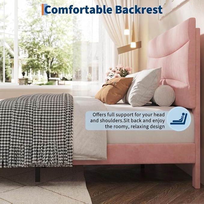 IDEALHOUSE Queen Size Upholstered Platform Bed Frame with Ergonomic Headboard, Beige Soft Fabric, Heavy Duty Wooden Slats, Noise-Free, 6.3" Underbed Storage, No Box Spring Needed, Easy Assembly