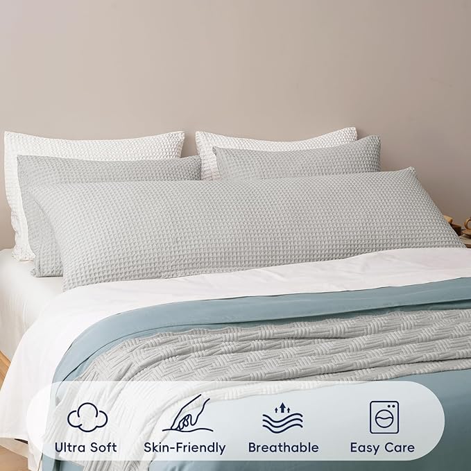 PHF Ultra Soft Waffle Weave Body Pillowcase with Zipper, No Insert, 1Pack 20" x 54" Pillow Sham, Breathable & Skin-Friendly Body Pillow case, Stylish Decorative Bed Pillow Cover, Light Grey