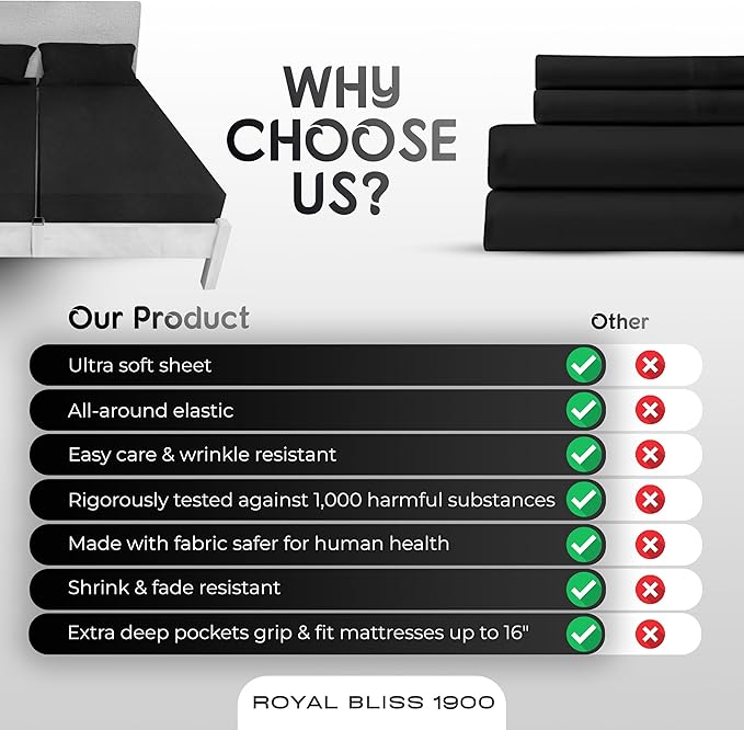 Split Queen Sheets - 5 Pcs Set of Sheets for Adjustable Bed - Soft, Wrinkle-Resistant (Black)