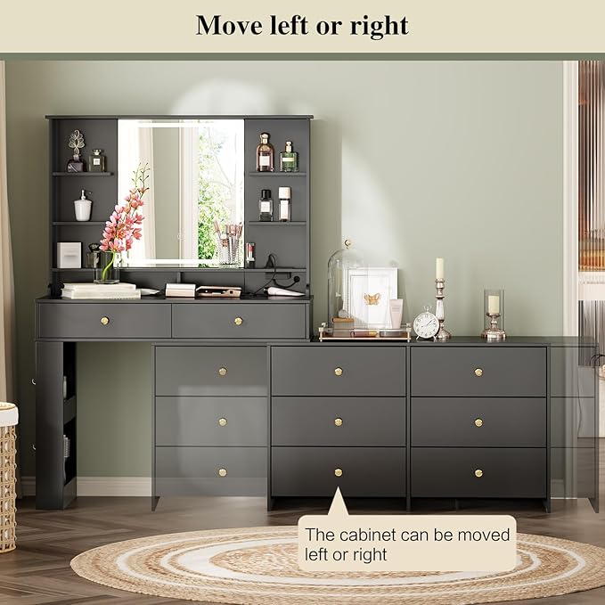 Ieejdn Makeup Vanity Desk with Mirror and Lights, Vanity Desk with 8 Drawers & Storage Shelves, Vanity Table with Power Outlet, 3 Color Modes & Adjustable Brightness Dressing Table, Bedroom,Black