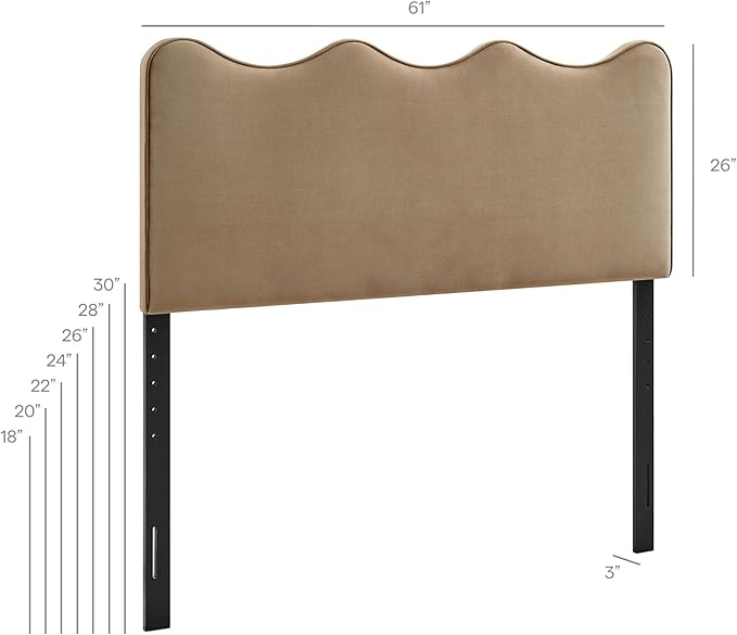 Monday Athena Queen Size Performance Velvet Adjustable Headboard in Taupe - with Scalloped Wave Design and Stain-Resistant Velvet Upholstery