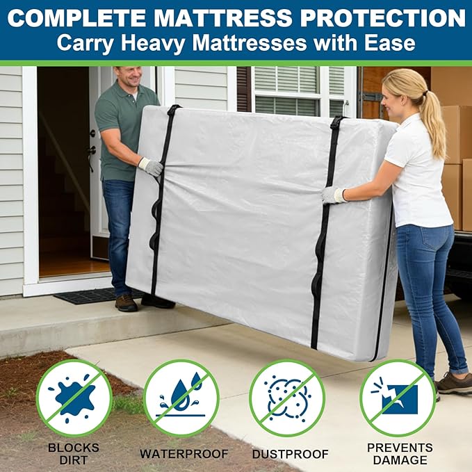 TICONN Mattress Bags for Moving, Heavy Duty King Mattress Cover Storage Bag with Full-Around Handle and Adjustable Buckles (Clear, King)