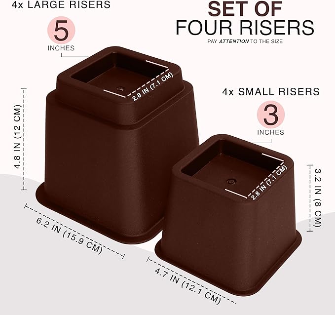 Utopia Bedding Bed Riser, 3 & 5 Inches Adjustable Furniture Risers for 8 Inch Combined Furniture Lift, Under Bed Storage & Dorm Room Essential, Supports Up to 1,300 lbs (4 Set, Reddish Brown)