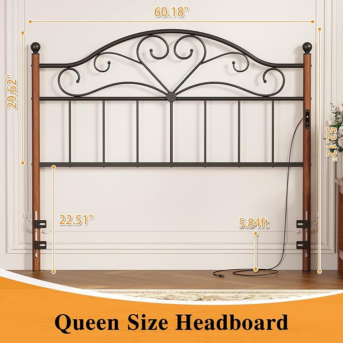 Merronix Queen Size Headboard with Charger Stations, Vintage Metal Headboard Only Farmhouse Retro Freestanding Black Wooden-Painting Headboard for Queen Bed Frame, Height Adjustable, Easy Assembly