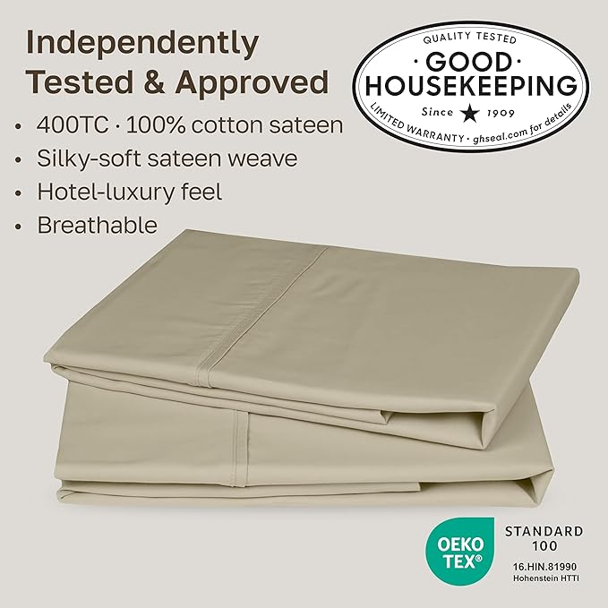 California Design Den Standard/Queen Size Pillowcase Set - 400 Thread Count Pillowcases, 100% Cotton Sateen, Set of 2 Pillow Covers, Soft and Breathable - Beige (Golden Tone)