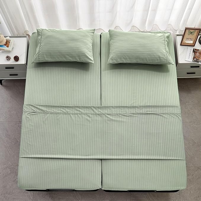 Kingnex Striped Split Queen Sheets for Adjustable Bed Soft 1800 Brushed Microfiber 5 Pieces Set Includes 2 30x80 Fitted Sheets with 14 Max Deep 1 Flat Sheet 2 Queen Size Pillowcases Sage