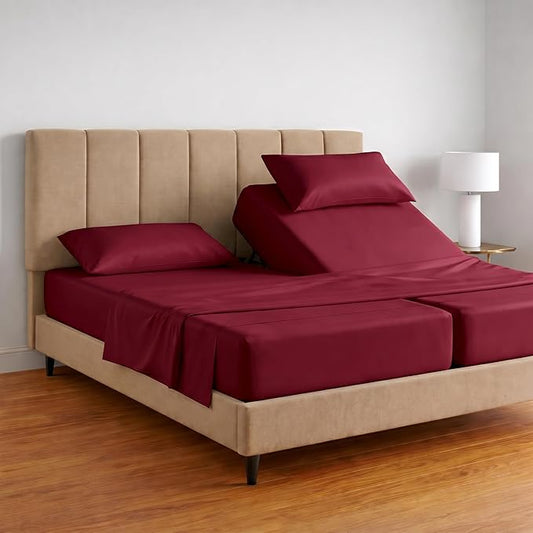 100% Egyptian Cotton Split King Sheets Sets for Adjustable Bed Burgundy - Luxury Hotel Collection, Cooling & Smooth Sateen Weave, Anti Pilling Extra Long Staple Cotton, 16" Deep Pocket - 5 Pc