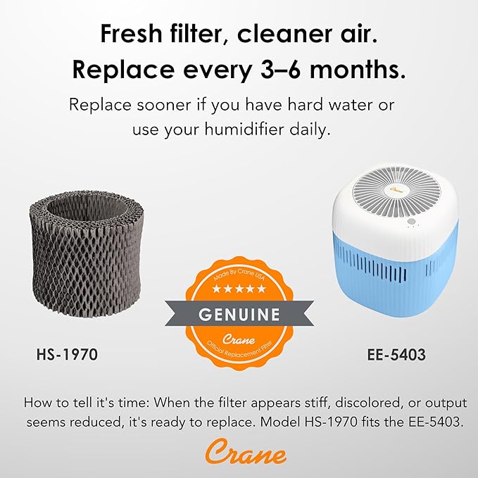 Crane Evaporative Humidifier, Wick Filter, Dishwasher Safe Tank, UV Light, No White Dust, Whisper Quiet, Bedroom Nursery Office, 1.9L Tank, Up To 250 SQ FT