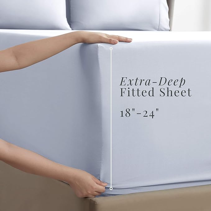 Hearth & Harbor Extra Deep Pocket Sheets - Fits Mattress 18-24 Inches Deep - Extra Deep Pocket California King Size - 6 Piece Cal King Sheets - Cal King, Ice Blue