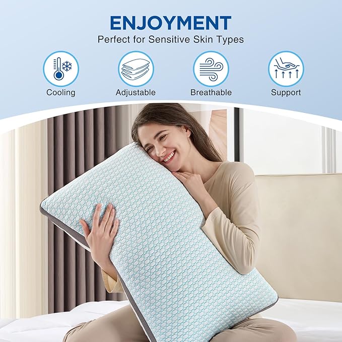 Cooling Pillows Queen Size Set of 2, Shredded Memory Foam Pillows 2 Pack, Bed Pillow for Hot Sleepers Adjustable Firm Pillow for Side, Back and Stomach Sleepers, Machine Washable
