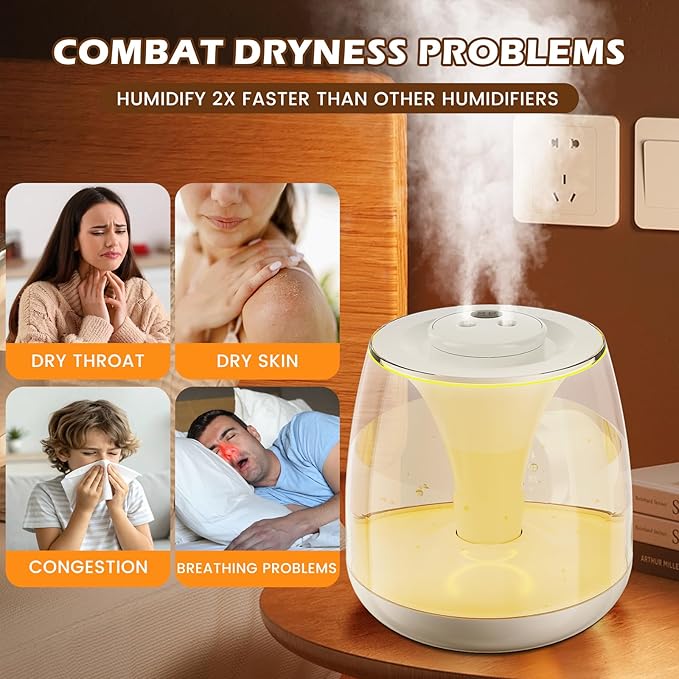 Humidifiers for Bedroom, 3 L Cool Mist Top-Fill 40H Super Long Time, 23dB Quiet, Baby Humidifier, Oil Diffuser for Large Room, Plants, Nursery, Office, Colored lights (white)