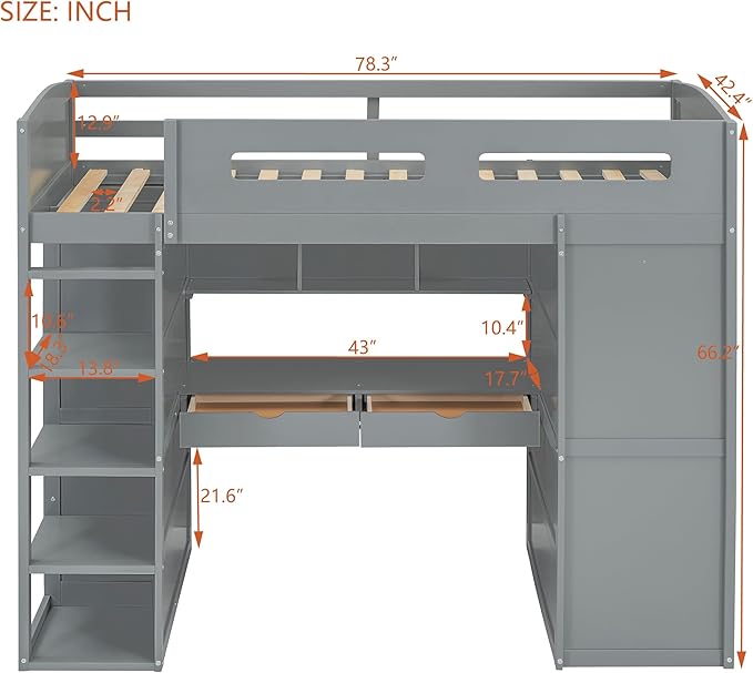 Multi-Functional Twin Size Loft Bed with Built-in Desk and Wardrobes, Solid Wood Loft Bed Frame with 4 Drawers and 4 Shelves for Kids Teens Boys Adults, Maximize Space (Gray-t)