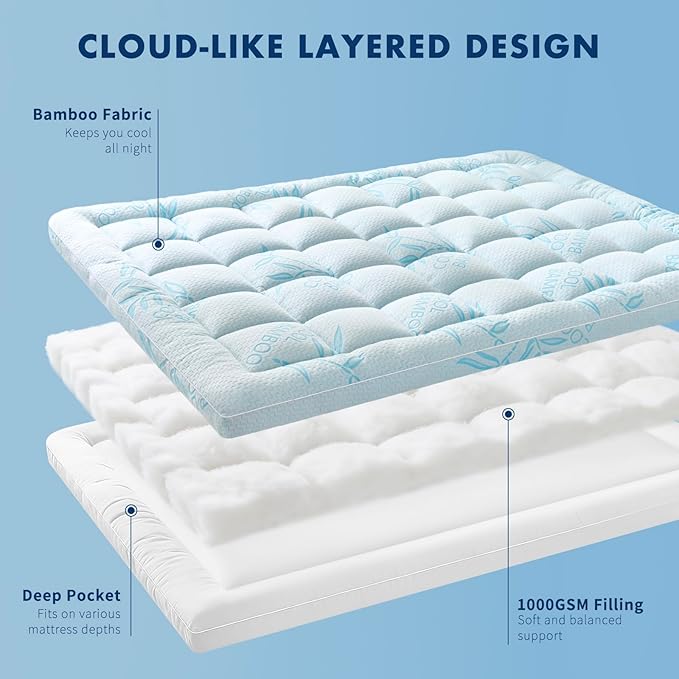 Queen Mattress Topper Viscose Derived from Bamboo,Breathable and Soft Extra Thick Pillow Top Mattress Pad Cover for Back Pain, Deep Pocket Fits 7–21 Inch Mattress (60.1"x80.1",Blue)