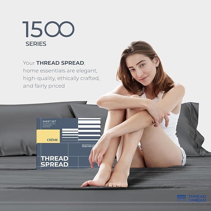 THREAD SPREAD 100% Egyptian Cotton King Size Sheets Set - Luxury 1500 Series Egyptian Cotton Sheets King Size (4 PC, Dark Grey), Silky Soft, Sateen Weave, Cooling & Breathable, 17" Deep Pocket Bed Set