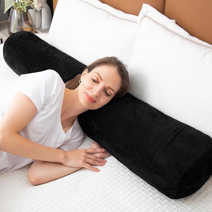 1 MIDDLE ONE Round Body Pillow for Adults, Long Bolster Pillow for Bed with Removable Velvet Cover, Decorative Tube Roll Cylinder Pillow, 47 x 7.87 Inch, Black