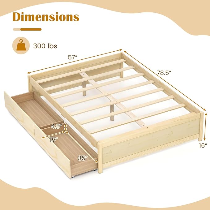 Giantex Full Size Bed Frame with 2 Storage Drawers, Solid Wood Platform Bed with Slats Support, Heavy Duty Daybed with Storage, No Box Spring Needed, Full Bed Frames for Teens Adults, Natural