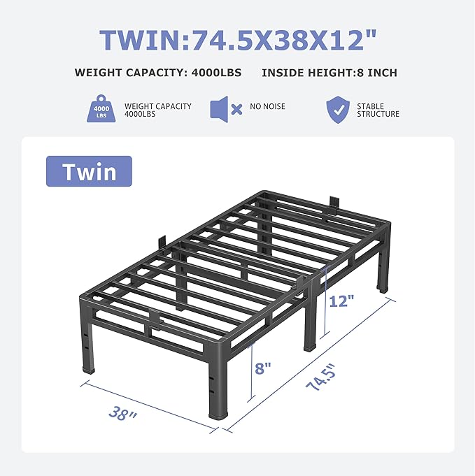NKZ 12 Inch Twin Size Bed Frame, Metal Bed Frame & Box Spring 2 in 1 Platform with Round Corner Legs, 4000Lbs Heavy Duty Metal Frame, Mattress Slide Stopper, Headboard Hole, Noise-Free, Easy Assembly