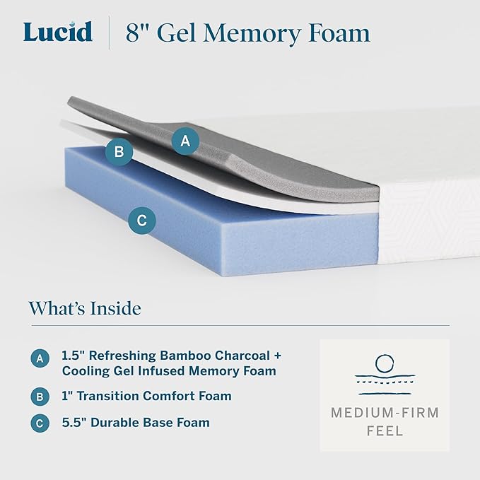 Lucid 8 Inch Memory Foam Mattress - Medium Firm Feel - Infused with Refreshing Bamboo Charcoal and Cooling Gel - Bed in a Box - Temperature Regulating - Pressure Relief - Breathable - Twin Size