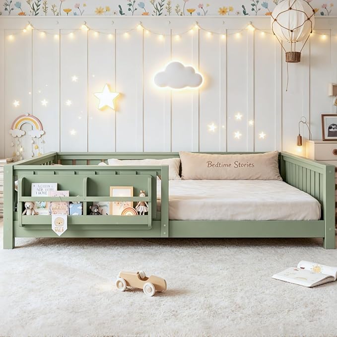 Bellemave Queen Floor Bed Frame with Fence & Bookshelf, Solid Pinewood Montessori Floor Bed Frame Queen with Slats Load 550LBS, Low Floor Bed for Bedroom, Nursery, Easy Assembly, Green