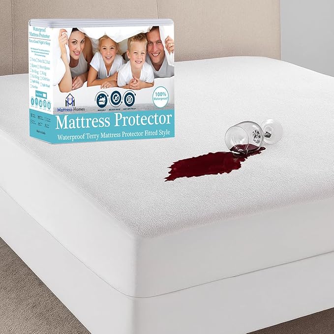 Mattress-Homes Short Queen Size Waterproof Mattress Protector Noiseless Premium Soft Cotton Terry Vinyl-Free Mattress Fitted Style Up to 15" for Pets Kids Adults, White