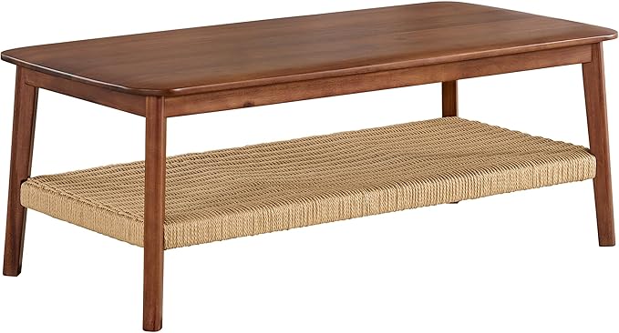 Alaterre Furniture Calais 48 Inch Rectangular Solid Wood Coffee Table with Woven Storage Shelf – Mid Century Modern 2-Tier Living Room Table (Chestnut)
