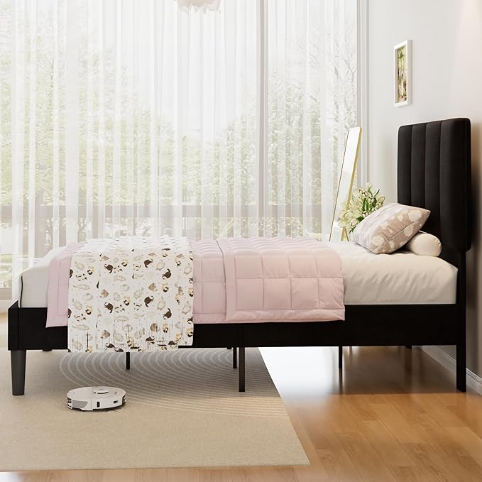 VECELO Twin Size Bed Frame with Upholstered Headboard, Heavy-Duty Bedframe with Wooden Slats & Steel Framework, Easy Assembly, Velvet & Black