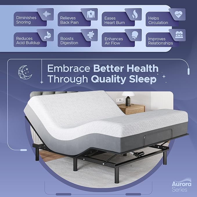 Celestial Sleep Aurora Adjustable Bed Base (Frame) + 8 inch Gel Memory Foam Mattress (Firm), Easy Assembly, Head and Foot Lift, Zero Gravity, Memory Positions, CertiPUR-US Bed - Queen