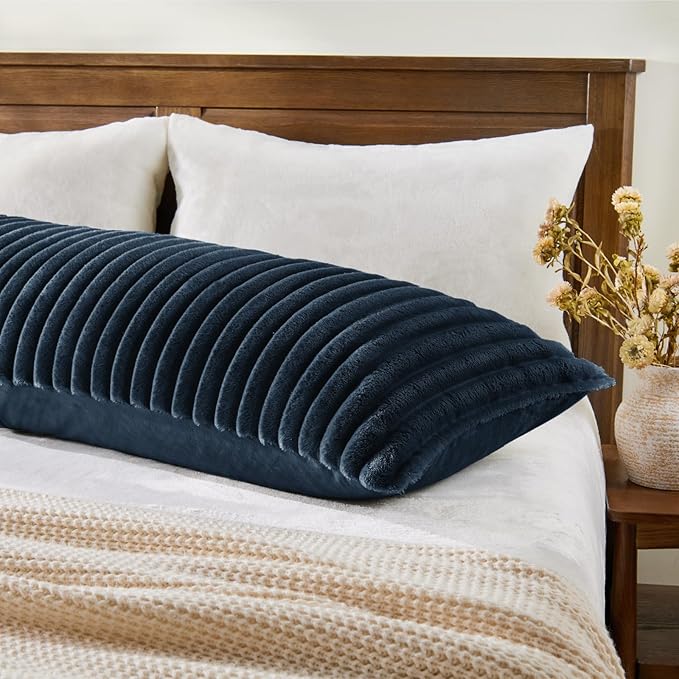 BEDELITE Fluffy Faux Fur Body Pillow Cover with Zipper, Luxury Plush 3D Striped Pillow Cover 20x54 Inches, Super Soft and Cozy Long Body Pillow Pillowcase for Bed Sofa Couch Room Decor(Navy Blue)