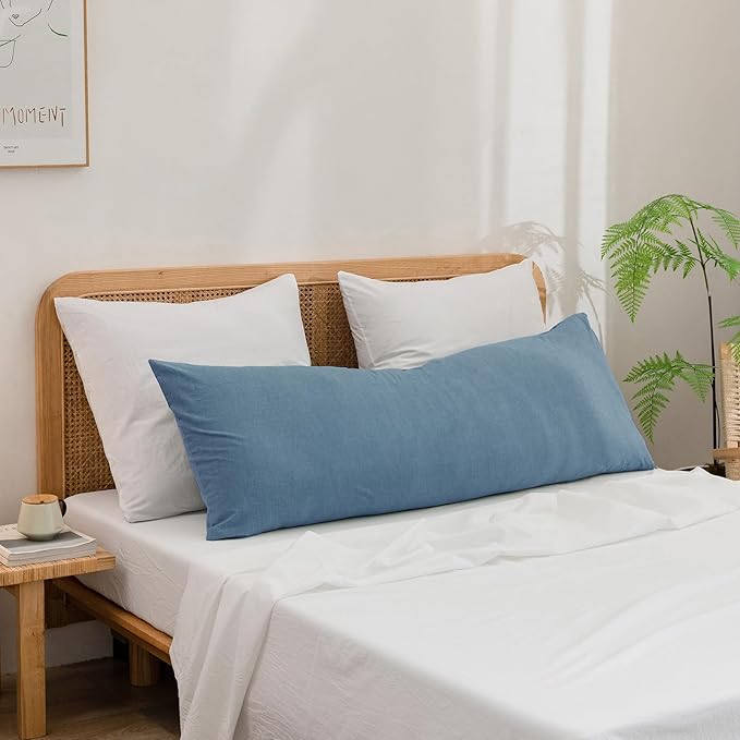 BESTOUCH 100% Washed Cotton Pillowcase for Hair and Skin Linen Feel Soft Comfortable Breathable 1 Pcs Pillow Case with Envelope Closure Solid Dark Blue Body 20x54 Inches