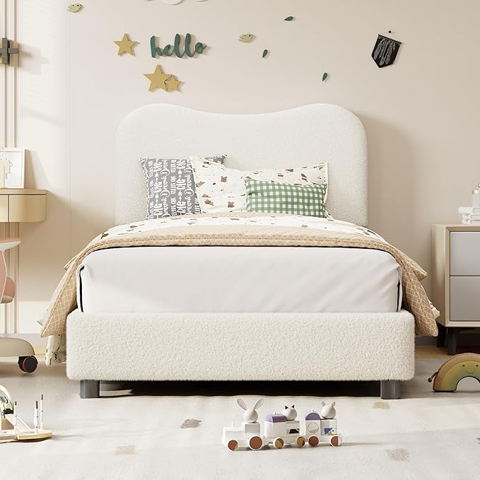 Boucle Twin Bed Frame for Kids with Upholstered Headboard, Low Profile Sturdy Platform Bed with Soft Boucle Fabric for Girls and Boys, Heavy Duty, Wooden Slats, Noise Free, No Box Spring Needed, Beige