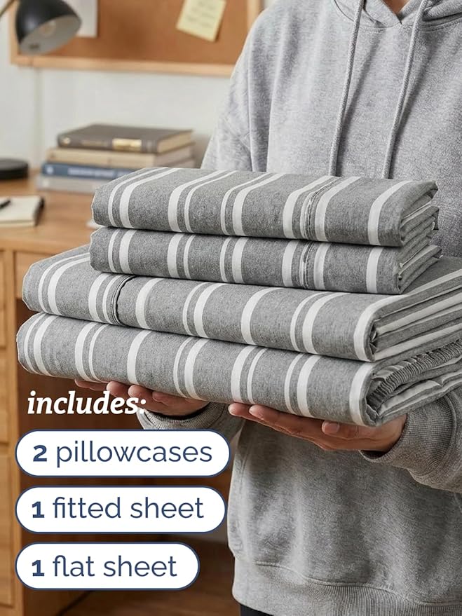 Twin XL 4 Piece Sheet Set - Comfy, Breathable & Cooling - Soft Hotel Luxury Bedding for Women, Men, Kids, Teens & Children - 1 Flat & 1 Fitted Sheet & 2 Pillowcases w/ Deep Pockets - Grey Stripes 3