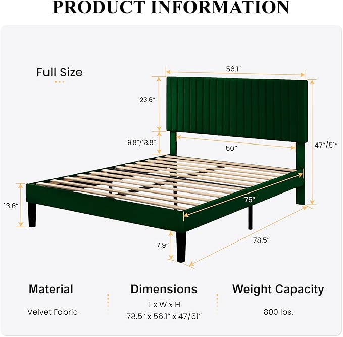 SHA CERLIN Full Upholstered Platform Bed Frame with Vertical Channel Tufted Velvet Fabric Adjustable Headboard, Wooden Slats Support, Mattress Foundation, Box Spring Optional, Green